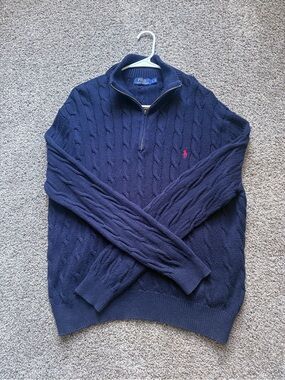 Polo by Ralph Lauren Navy Cable-Knit Half-Zip Sweater with Red Pony